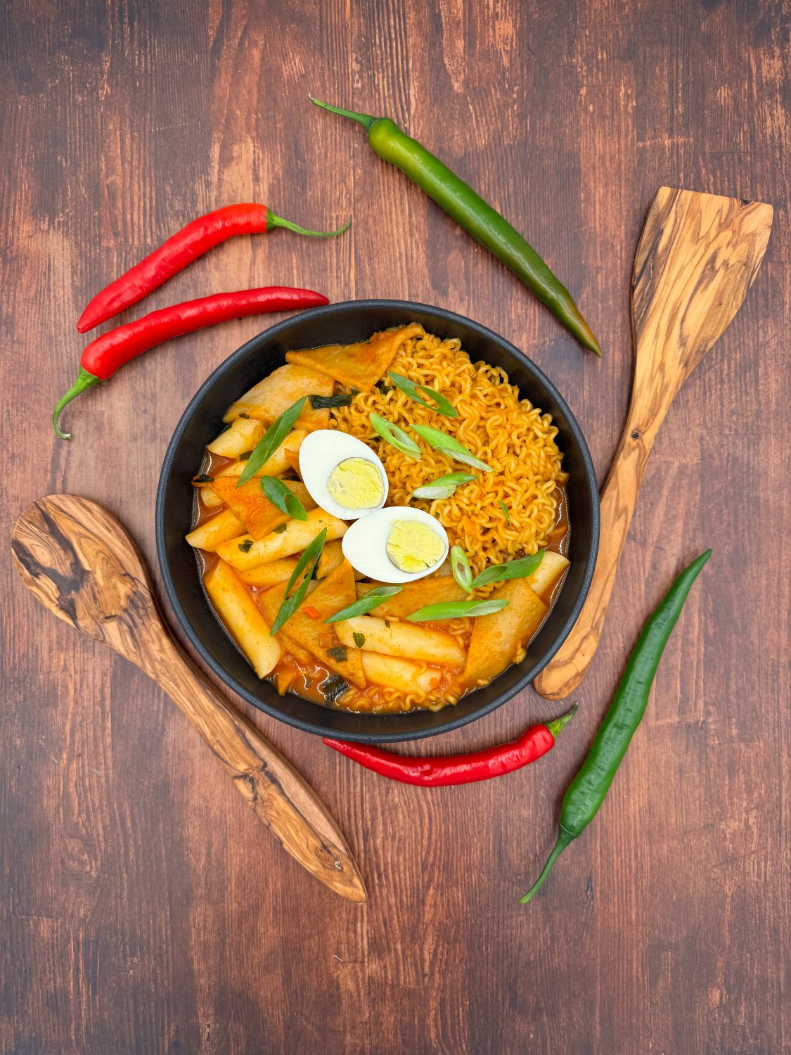 Scharfe Tteokbokki-Reiskuchen mit Ramen und weichem Ei